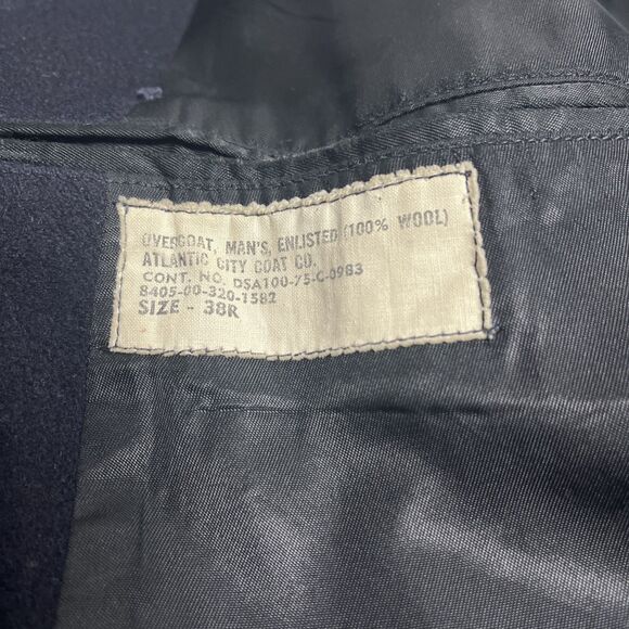 Vintage 1970s Navy Black Wool Peacoat Overcoat Pewter Buttons 38R - Picture 7 of 12